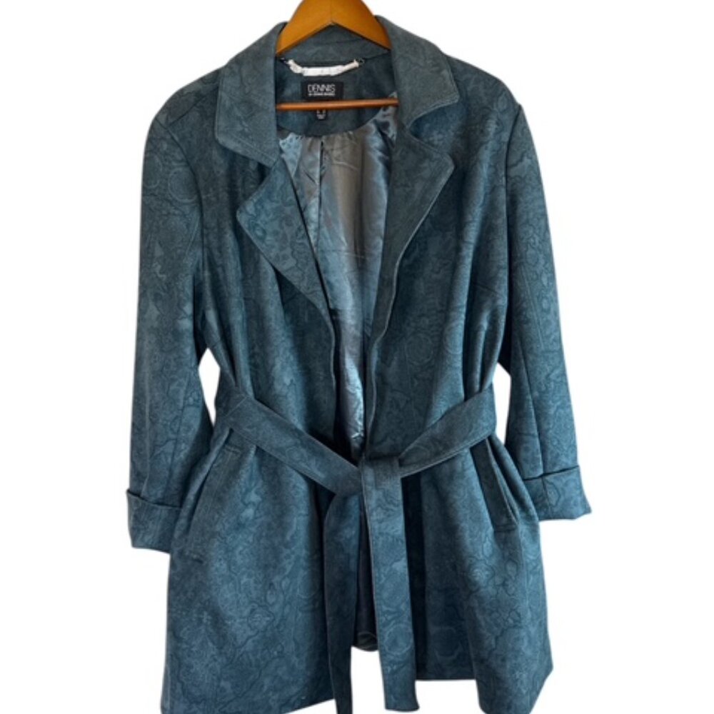 Dennis Basso Printed Faux Suede Belted Trench Coat Green Womens Size Large